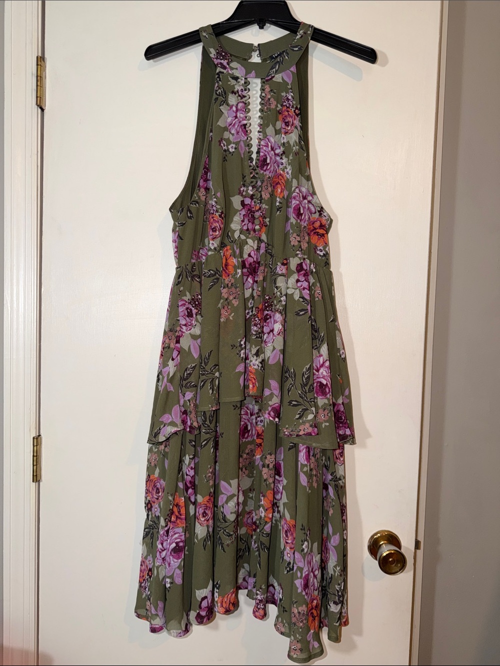 Torrid Olive Green Floral Chiffon Tiered Dress- Size 00 - Picture 2 of 6